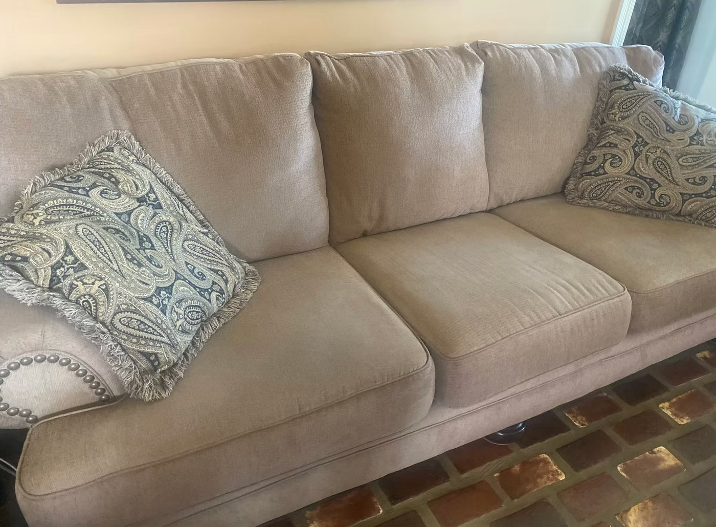 Beige sofa reupholstery with nailhead trim — Lafayette LA